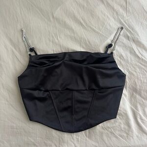 Commense Black Satin Corset with Chain Straps